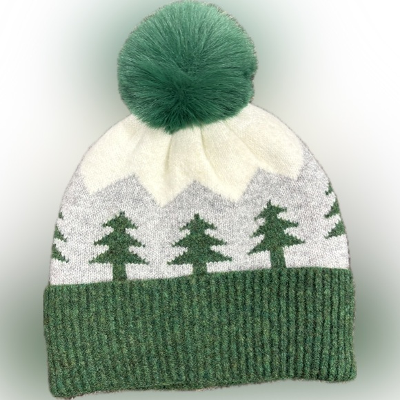 NWT! Pine Tree Cozy Lined Holiday Winter Beanie with Pom, GREEN MULTI - Picture 2 of 4